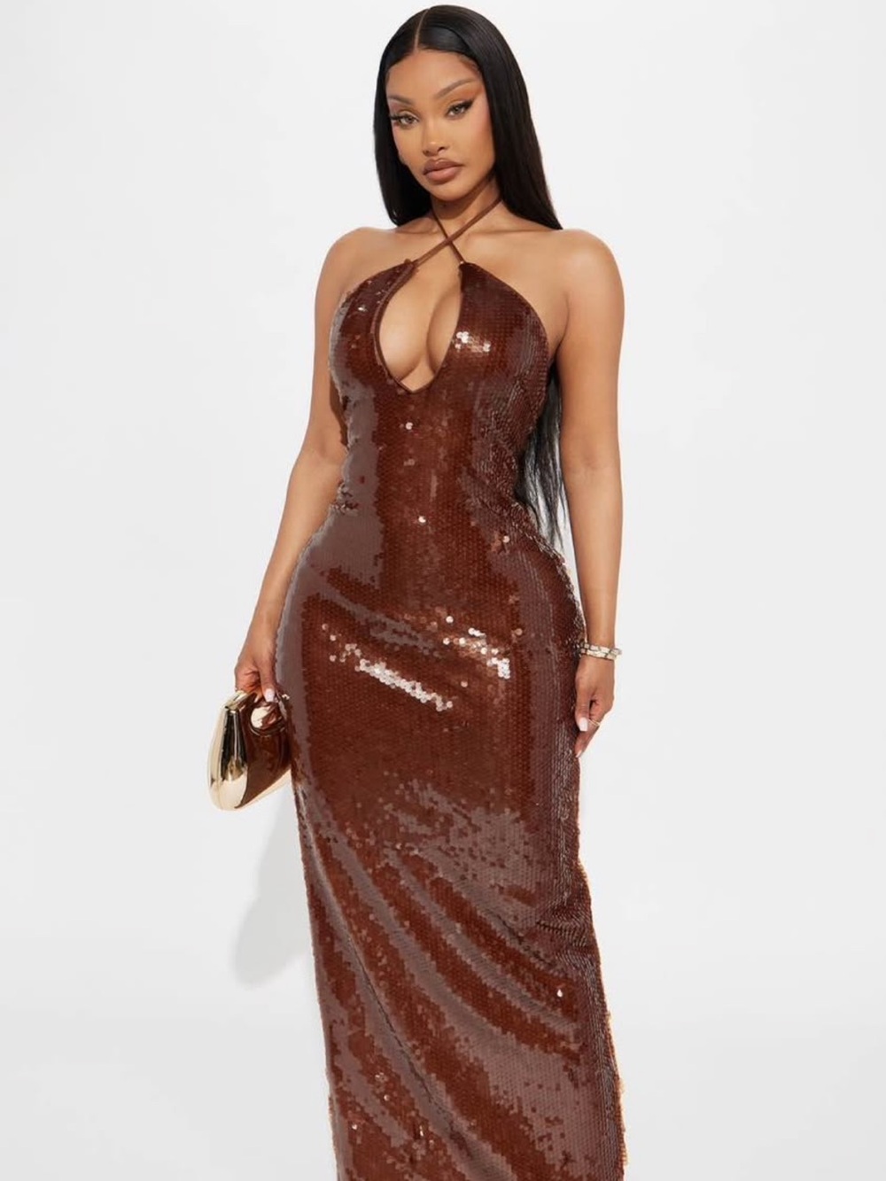Fashion Nova Brown Sequin Halter Maxi Dress